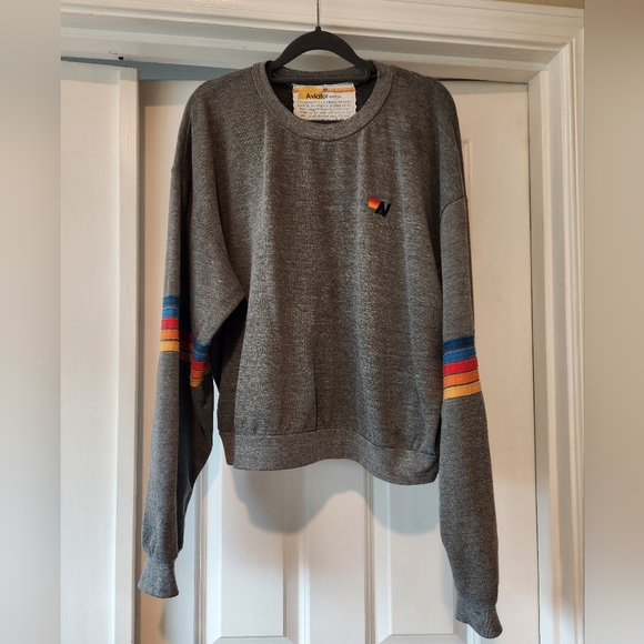 Aviator Nation Sweaters - Aviator Nation Gray Crewneck with Colorful Sleeve Stripes (Size Medium)